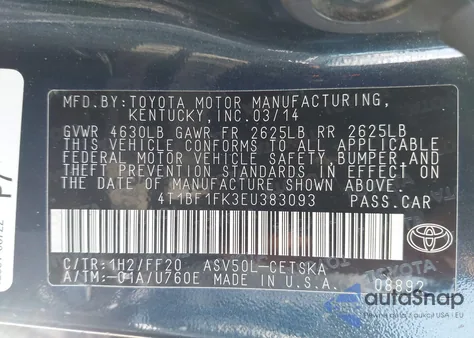 2014 Toyota Camry L/Se/Le/Xle from USA, damaged, VIN 4T1BF1FK3EU383093